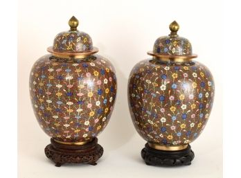 PAIR of (20th c) CLOISONNE COVERED URNS ON STANDS