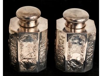 PAIR OF SILVER OVER COPPER TEA CANNISTERS