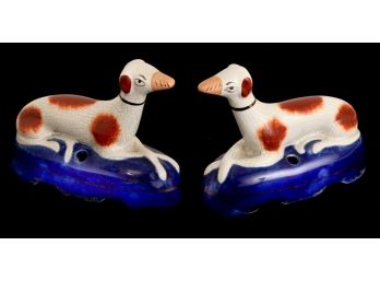 PAIR OF WHIPPET-FORM STAFFORDSHIRE INKWELLS