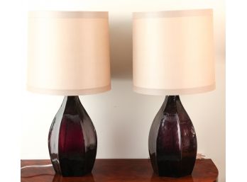 PAIR OF MODERN AMETHYST GLASS TABLE LAMPS