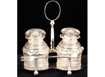 ENGLISH SILVER PLATE & CRYSTAL PICKLE CASTOR