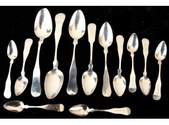 (12) COIN SILVER TEASPOONS & TABLESPOONS c.1840