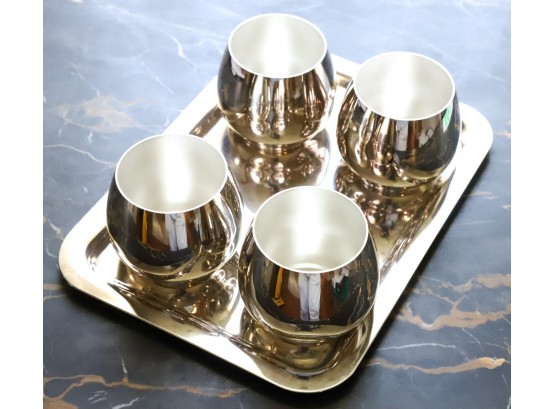 (4) SILVER PLATE CORDIALS AND TRAY