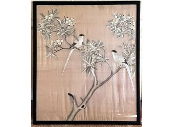 LARGE FRAMED ASIAN SILK EMBROIDERY OF BIRDS