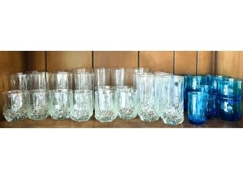 LARGE COLLECTION OF CLEAR & BLUE DRINKING GLASSES