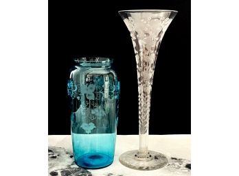 (2) ETCHED GLASS VASES W/ FLORAL MOTIF