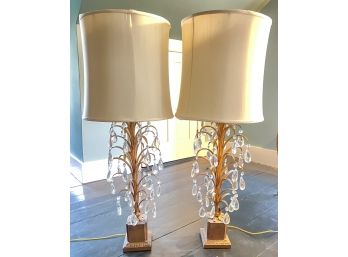 PAIR GILT LEAF AND CRYSTAL TABLE LAMPS
