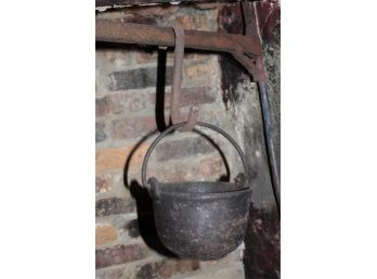 (19th c) WROUGHT IRON SWING HANDLE POT AND S HOOK
