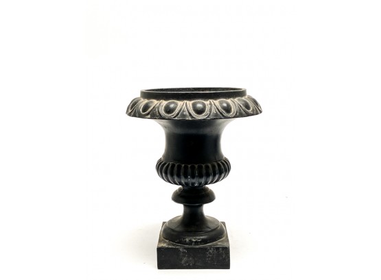 PETITE CAST IRON FRENCH URN ON MARBLE PLINTH