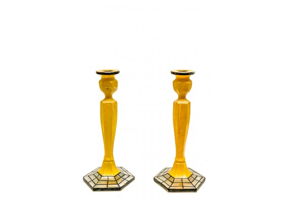PAIR PAINTED GLASS CANDLESTICKS W WEB DECORATION