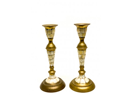 PR BRASS & MOTHER OF PEARL DECORATED CANDLESTICKS