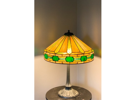 PARLOR LAMP W/ LEADED GLASS SHADE ON CAST BASE