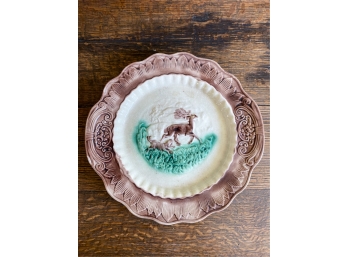 PAINTED SOFTPASTE DISH W/ DEER AND HUNTING DOG