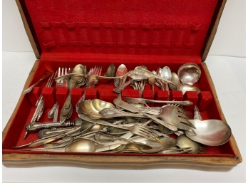 FLATWARE BOX WITH LARGE LOT OF PLATED ITEMS