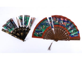 (2) ASIAN HAND FANS HAND PAINTED with FIGURES