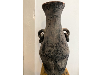 TWO HANDLED TERRA COTTA VASE W/ LOOPED DECORATION