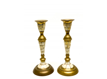 PR BRASS & MOTHER OF PEARL DECORATED CANDLESTICKS