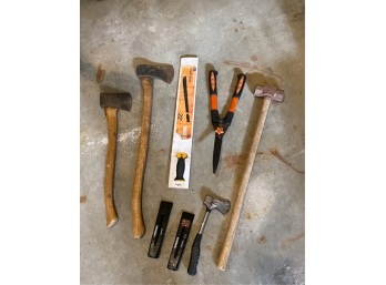 GROUP OF MISC TOOLS, MOSTLY CUTTING IMPLEMENTS