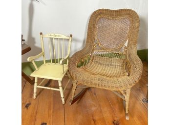 VINTAGE HAND PAINTED CHILDS CHAIR & WICKER ROCKER