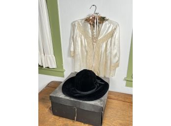 VINTAGE LADIES HAT AND A SILK BLOUSE