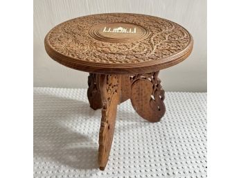 CARVED AND PIERCED COLLAPSIBLE STOOL W/ INLAY