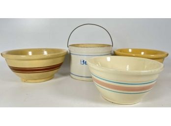 (2) YELLOWWARE BOWLS W/ ANOTHER AND A CROCK