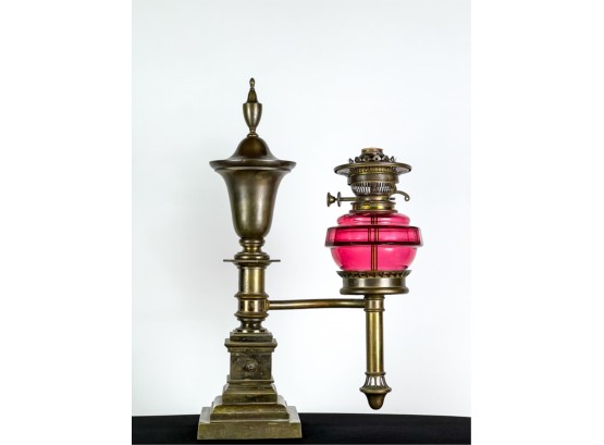 (19thC) SINGLE LIGHT ARGAND LAMP w CRANBERRY GLASS