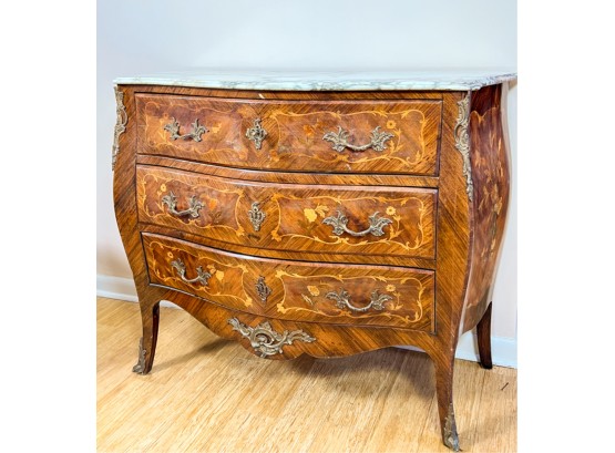 GROSSFELD HOUSE INLAID MARBLE TOP BOMBE CHEST