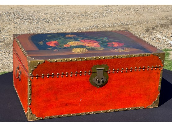 HAND PAINTED LEATHER & BRASS BOUND CHINESE TRUNK