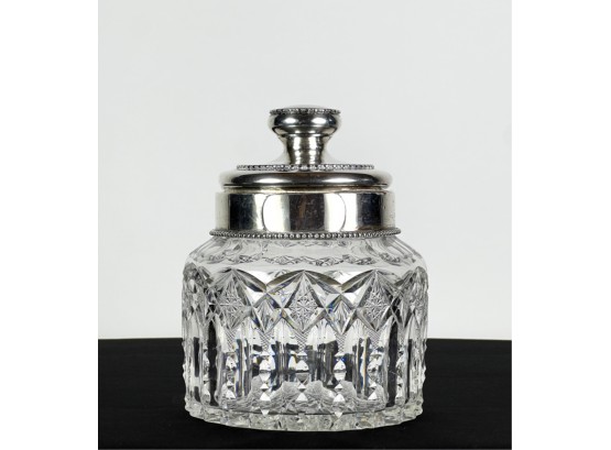 FINELY CUT CRYSTAL JAR w STERLING COVER