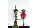 (19thC) SINGLE LIGHT ARGAND LAMP w CRANBERRY GLASS