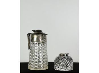 CUT GLASS PITCHER & CRYSTAL INKWELL