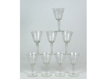 SET (8) FLORAL DECORATED ETCHED GLASS WINES