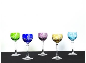 SET (5) CUT TO CLEAR CRYSTAL WINE GOBLETS