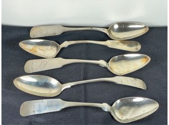GROUPING (5) MISC COIN SILVER SERVING SPOONS