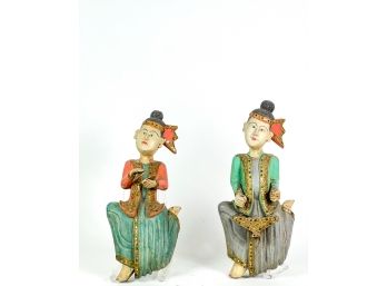 PAIR OF CARVED & PAINTED THAI MUSICIANS