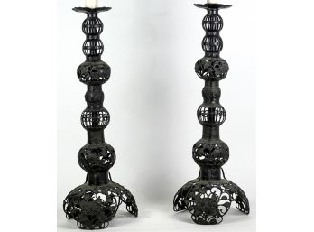 PAIR OF JAPANESE CAST BRONZE CANDLE STANDS