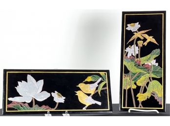 PAIR OF LACQUERED JAPANESE PANELS w GILT SONGBIRDS