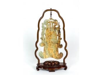 CHINESE CARVED & PIERCED JADE PLAQUE w STAND