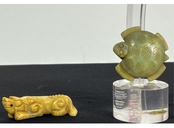 (2) CARVED CHINESE JADE ANIMALS: TURTLE & DRAGON