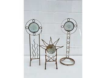(3) IRON CANDLE STANDS with GLASS SUNBURST LENSES