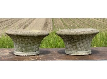 PAIR of WOVEN BASKET FORM CAST STONE JARDINIERES
