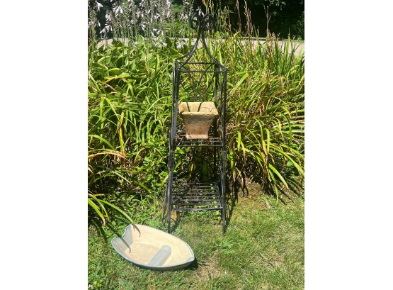 WROUGHT IRON STAND, ROW BOAT &  REDWARE POT
