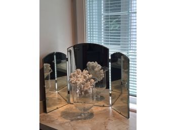 TRI-FOLD VANITY MIRROR & GLASS VASE with CORAL