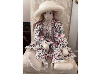 LARGE LINEN RABBIT with STRAW HAT & FAUX PEARLS