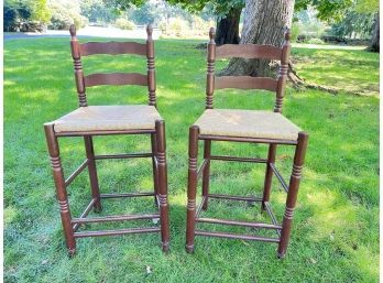 PAIR OF LOW BACK STOOLS with RUSH SEATS