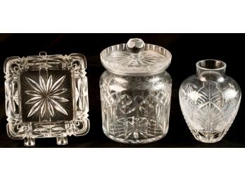 CRYSTAL CANNISTER, VASE and ASHTRAY