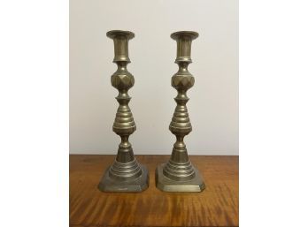 PAIR of BRASS PUSH-UP BEEHIVE CANDLESTICKS