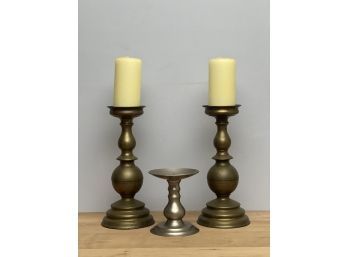 PAIR of BRASS PRICKET CANDLE STANDS & (1) OTHER
