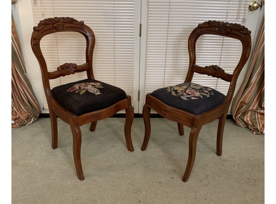 PAIR OF FLORAL CARVED CHAIRS WITH NEEDLEPOINT